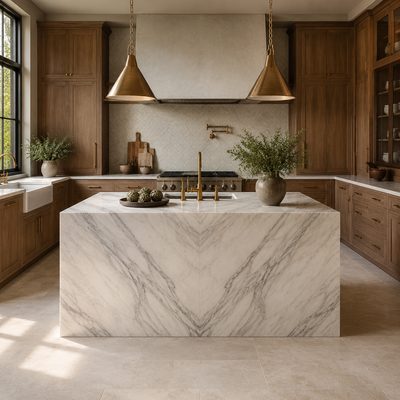 Marble waterfall kitchen