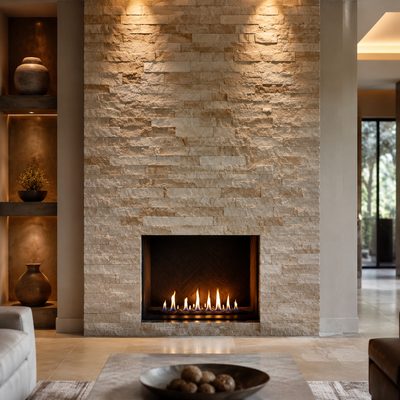 Stacked-stone fireplace