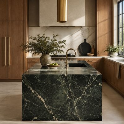 Green marble waterfall kitchen
