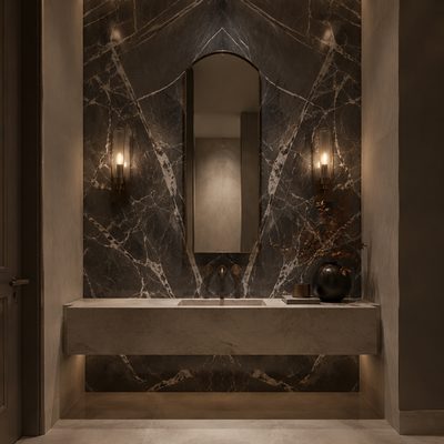 Book-matched dark marble powder room