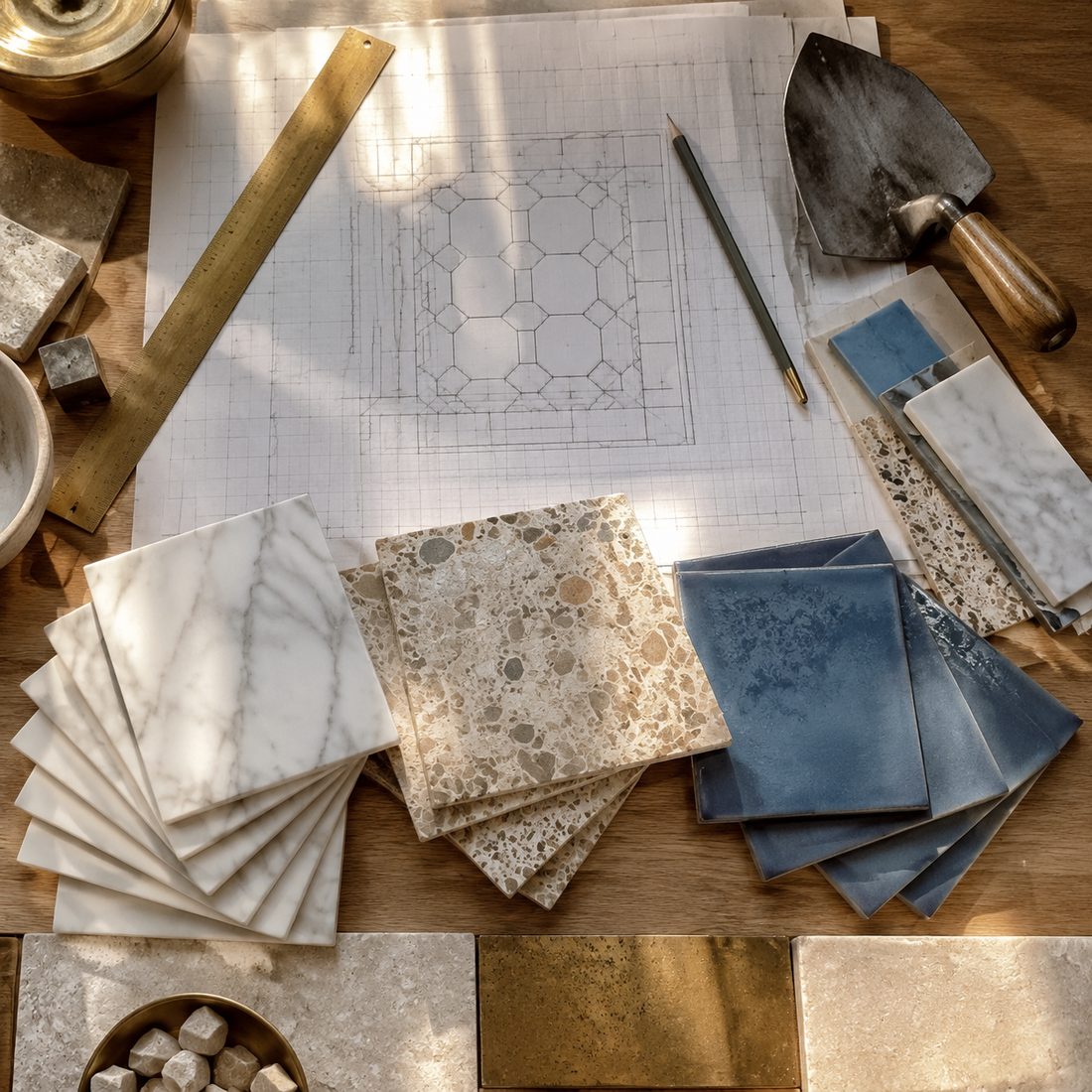 A tile-setter's workbench with graph-paper layouts, a brass straightedge and stone samples