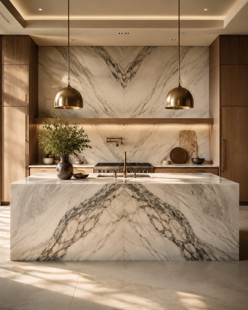 Luxury kitchen with a book-matched marble waterfall island and marble slab backsplash